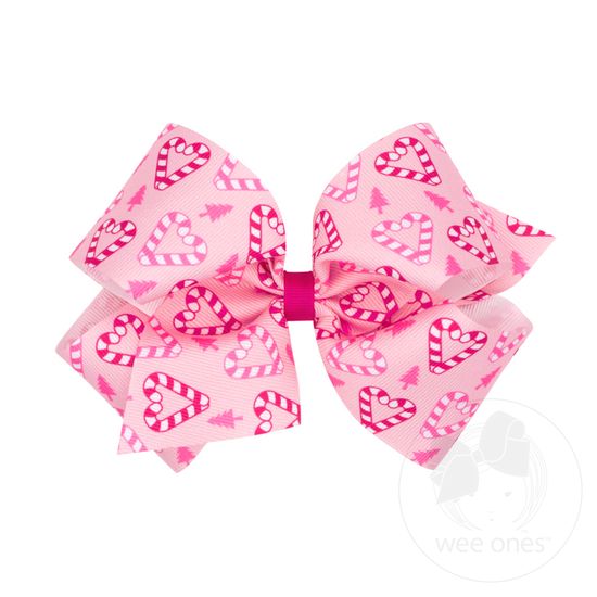 King Holiday-themed Pink Candy Cane Printed Grosgrain Hair Bow - CANDY CANE