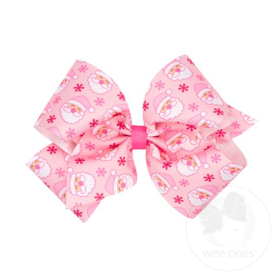 King Holiday-themed Pink Santa Printed Grosgrain Hair Bow - PINK SANTA