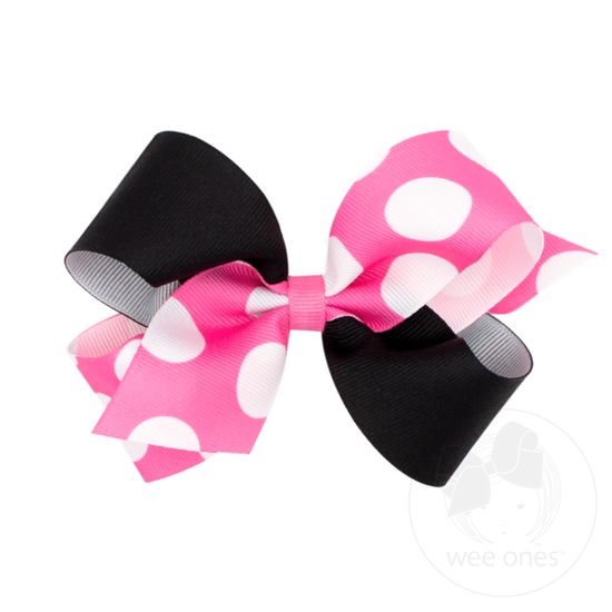 Medium Two-Tone Solid and Huge Dot Printed Grosgrain Hair Bow - HPK/BLK