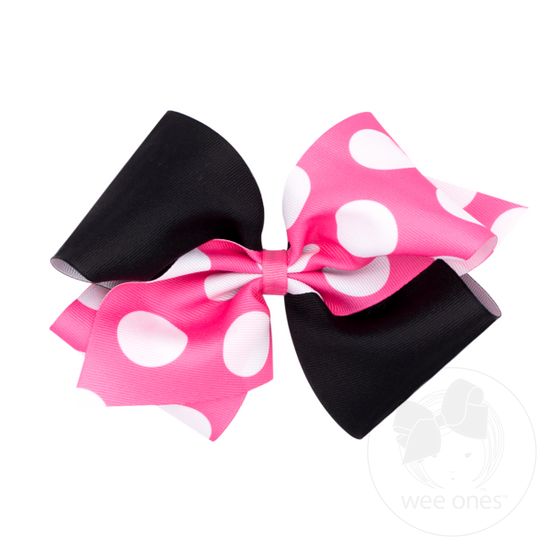 Wide King Two-Tone Solid and Huge Dot Printed Grosgrain Hair Bow - HPK/BLK