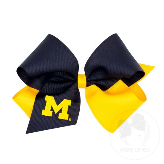 King Two-tone Grosgrain Hair Bow with Embroidered Collegiate Logo - MICHIGAN