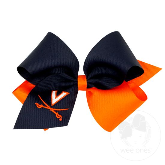 King Two-tone Grosgrain Hair Bow with Embroidered Collegiate Logo - VIRGINIA