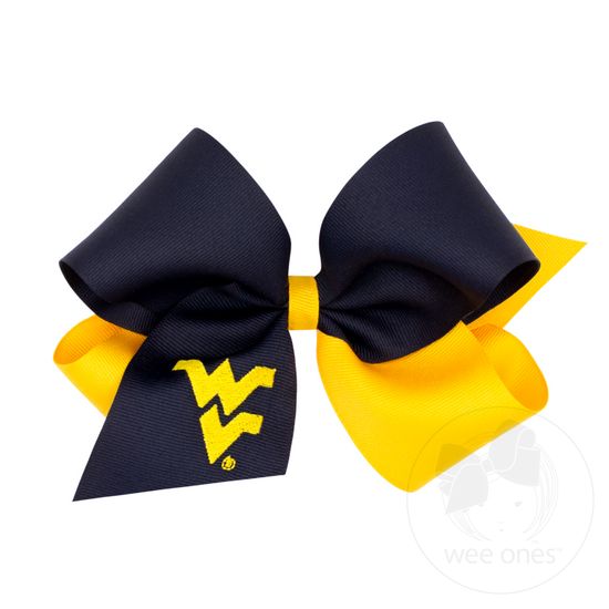 King Two-tone Grosgrain Hair Bow with Embroidered Collegiate Logo - WEST VIRGINIA